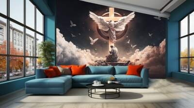 illustration of Jesus praying surrounded by doves on a cloud, generative ai Wall mural