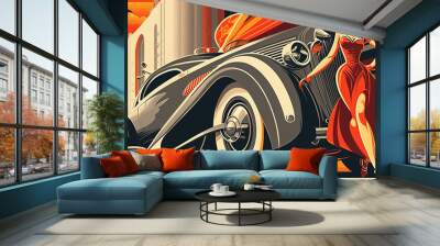 illustration of woman and transport with future technology in retro futuristic 30s style poster ,generative ai Wall mural