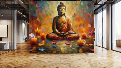 oil painting of buddha statue with lotus flower and candle ornament ,generative ai Wall mural