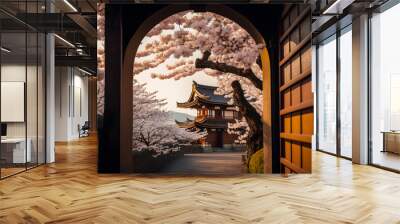 toji gate in cherry blossom garden, japanese garden landscape .generative ai Wall mural