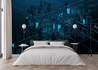 Futuristic skyscrapers in the flow. The flow of digital data. city of the future. 3D illustration. 3D rendering Wall mural