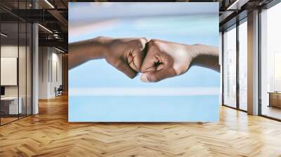 Closeup of hands, fist bump and the teamwork of two athletic, sporty, and active male athletes. Team of black people, friends or teammates working together showing respect, collaboration and support Wall mural