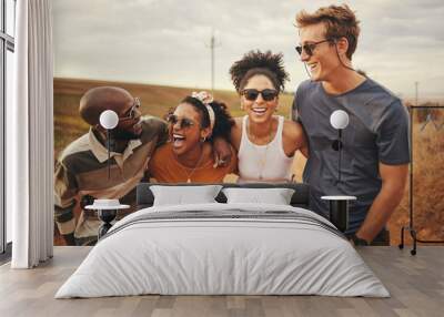 Diversity, friends and on countryside holiday smile, relax and happy together on dirt road trip. Group excited, on adventure and travelling to celebrate summer vacation, have casual talk and laugh. Wall mural