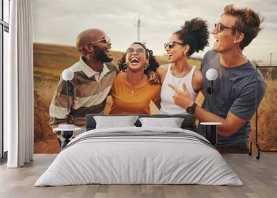 Happy, diversity and friends walk in countryside for peace, freedom or wellness while bonding, laugh and have fun. Travel, glasses and relax people enjoy quality time together on Australia holiday Wall mural