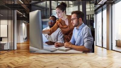 learning, computer and training business interns in night office with manager, boss and leadership h Wall mural