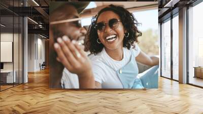 Love, black couple and road trip driver, vacation or summer holiday. Happy, smile and man, woman and travel in car bonding, fun and spending quality time together on romantic getaway in happiness. Wall mural