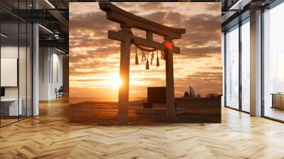 Torii gate, sunset sky and beach in Japan with clouds, zen and spiritual history on travel adventure. Shinto architecture, Asian culture and calm nature on Japanese landscape with sacred monument. Wall mural