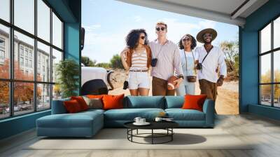 Travel, diversity and friends on a road trip for happy summer holidays, vacation and sunny caravan adventure as tourists. Smile, men and young women walking outdoors enjoying nature in Australia Wall mural