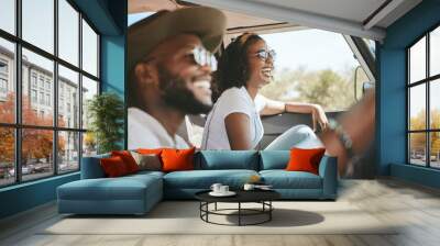 Travel, road trip and black people couple driving by countryside for holiday, journey and freedom with happiness. Trendy sunglasses, fashion and gen z friends in a car drive for vacation lifestyle Wall mural