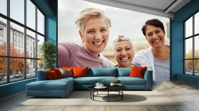 Selfie, senior women and happy exercise group excited for outdoor workout. Portrait of elderly female friends, sports and wellness for healthy retirement, fitness and happiness in diversity community Wall mural