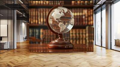 A beautiful glass globe sits on a wooden table in a library. Wall mural