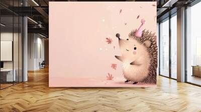 A cute cartoon illustration of a baby hedgehog wearing a pink birthday hat. Wall mural