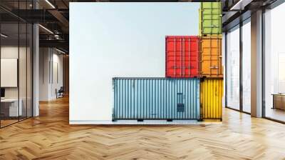 A large stack of brightly colored shipping containers with a white background on the left side of the image. Wall mural