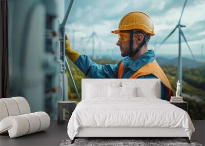 An engineer wearing a safety helmet and safety vest inspects a wind turbine. Wall mural