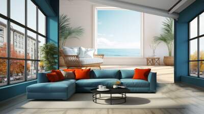 Bright coastal living room with wicker furniture large window ocean view indoor palm plants Wall mural