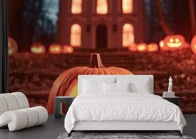 Carved jack-o-lantern glowing on steps of a spooky mansion with multiple pumpkins lighting up the autumn evening representing eerie Halloween atmosphere Wall mural