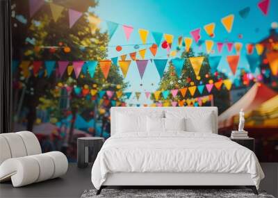 Colorful bunting flags and decorations at a lively summer street festival under blue sky Wall mural