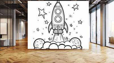 Coloring book page for kids of a rocket launching into space surrounded by stars and moons in space-themed. Wall mural