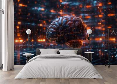 Digital Anatomical Brain with Neon Circuitry on a Dark Futuristic Background Wall mural