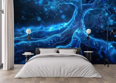 Digital neural network tree glowing with blue light representing artificial intelligence technology Wall mural