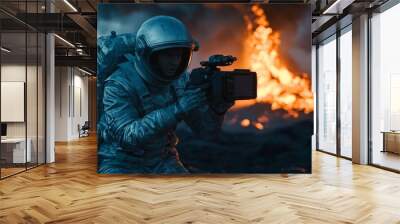 Futuristic filmmaker in silver spacesuit filming a dramatic volcanic eruption under a stormy sky perfect for sci-fi and adventure film concepts Wall mural