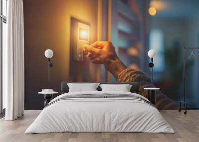 Hand adjusting modern smart light switch in a dimly lit cozy home interior Wall mural