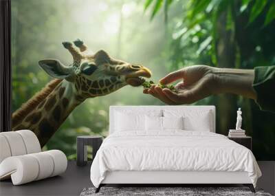 Hand feeding giraffe in lush jungle environment representing wildlife interaction and conservation efforts Wall mural