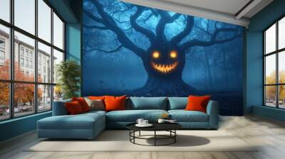 Haunted tree with sinister glowing face resembling a jack-o'-lantern in foggy blue forest for spooky Halloween scene Wall mural