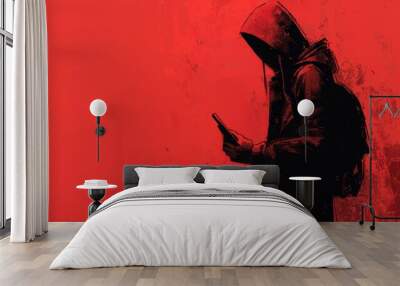 Hooded figure with smartphone against red textured background Wall mural