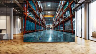 Industrial warehouse with neatly arranged shelves and large containers, for DG storage. Wall mural