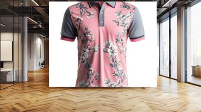 Pink and gray floral print polo shirt with contrasting collar and transparent background clipart isolate for elegant casual wear Wall mural