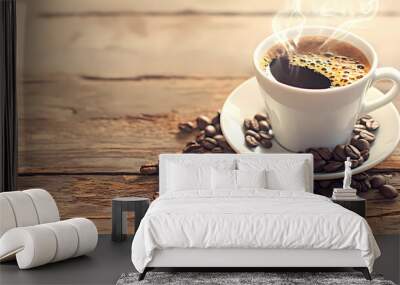 A cup of hot coffee and beans Wall mural