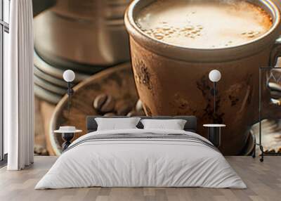 A cup of hot coffee and beans Wall mural