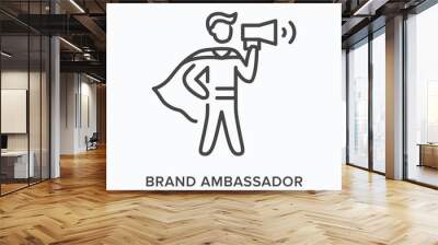 Brand ambassador flat line icon. Vector outline illustration of leadership, hero with megaphone. Influence thin linear pictogram Wall mural