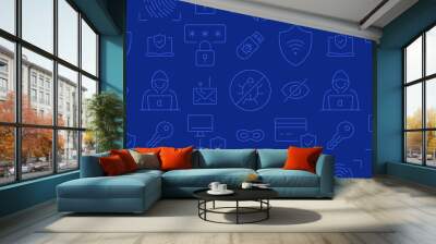 Cybersecurity blue seamless pattern. Vector on dark blue background included line icons as credit card, hood, hacker, shield, fingerprint, password, bug outline pictogram for digital protection Wall mural