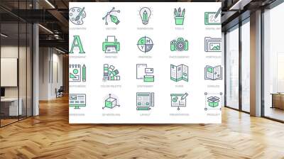 Graphic design line icons. Vector illustration included icon - digital creative tool, paintbrush, palette, prepress, presentation layout outline pictogram for art. 64x64 Green Color Editable Stroke Wall mural