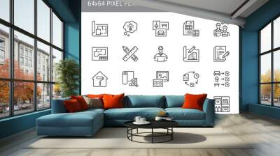 Interior design line icons. Vector illustration include icon - architecture, blueprint, project calculation, documentation outline pictogram for home decoration. 64x64 Pixel Perfect, Editable Stroke Wall mural