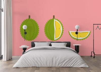 Durian with cut piece set in flat style Wall mural