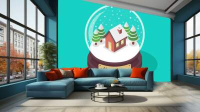 Isometric Merry christmas glass ball with winter house Wall mural