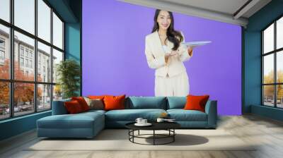 Portrait beautiful young asian woman smile with empty plate dish Wall mural