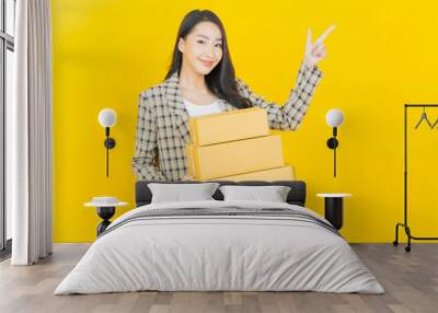 Portrait beautiful young asian woman with box ready for shipping Wall mural