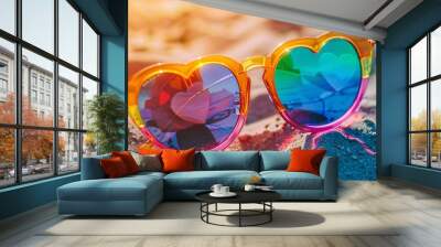 A close-up of rainbow-colored sunglasses with heart-shaped lenses, symbolizing love and LGBTQ+ pride Wall mural