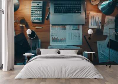 A photograph of a financial analyst's desk with charts, graphs, and stock market data Wall mural