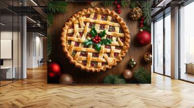 Festive Christmas Pie with Lattice Crust and Decorations Wall mural