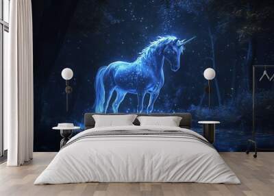 A mystical unicorn stands in a serene blue forest, surrounded by sparkling lights and a magical atmosphere, evoking dreams and wonder. Wall mural