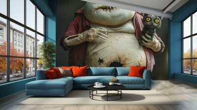 cute neo pop Halloween concept,the fat zombie holding a back cat Wall mural