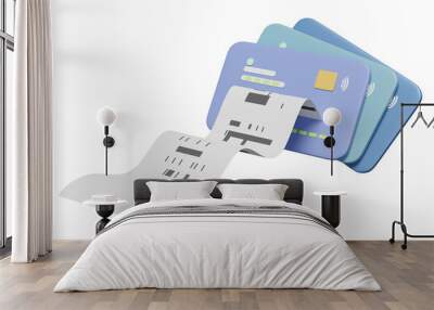 3d credit card stack with invoice, paper receipt, electronic bill payment isolated. 3d render illustration Wall mural