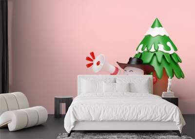 3d snowman holds megaphone with cowboy hat, warm mittens, scarf, christmas tree isolated on pink background. online shopping sale, merry christmas and festive New Year, 3d render illustration Wall mural