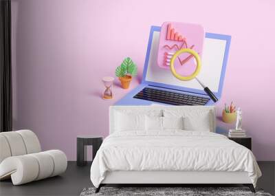 computer with charts and graph, analysis business financial data,dollar coins, Online marketing isolated on pink pastel background ,3d illustration or 3d render Wall mural