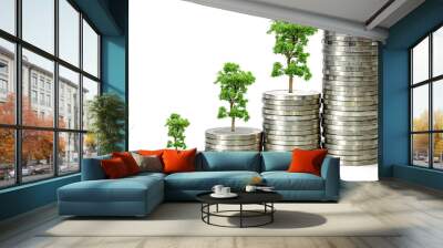 economic growth concept with piles of coins and tree on white background Wall mural